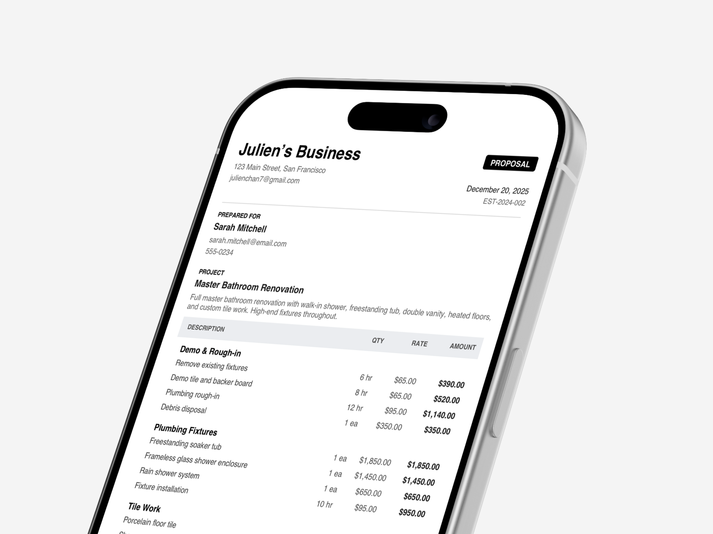 Professional contractor proposal ready to send to client